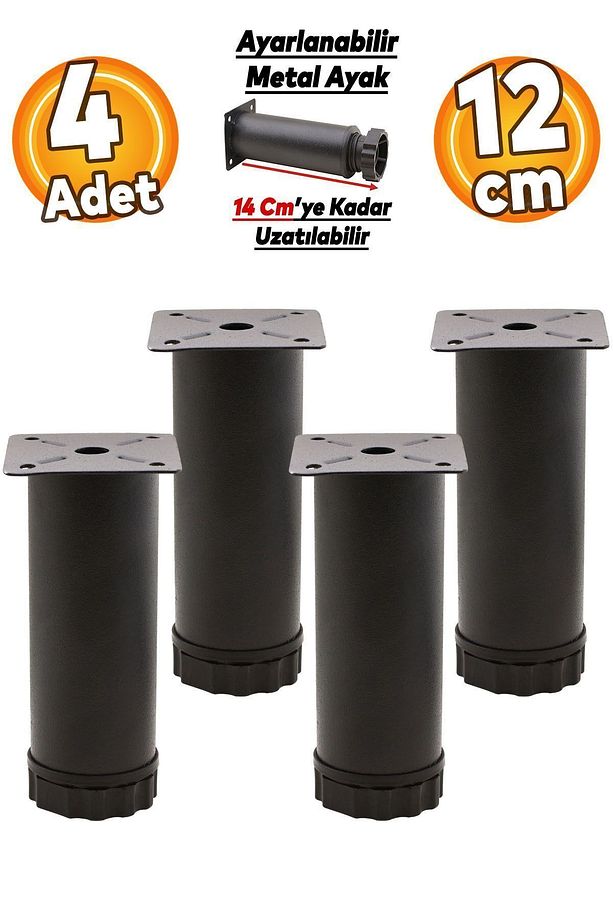 Ayarlanabilir Mobilya Kanepe Baza Koltuk Metal Destek Yükseltici Ayağı 12 Cm Siyah Ayakları 4 Adet - 1
