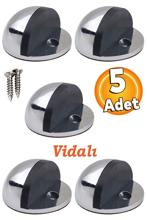Yarımay Vidalı Kapı Kolu Stoperi Tamponu Metal Kapı Stopu Durdurucu Tutucu Tutacağı Krom 5 Adet - 1