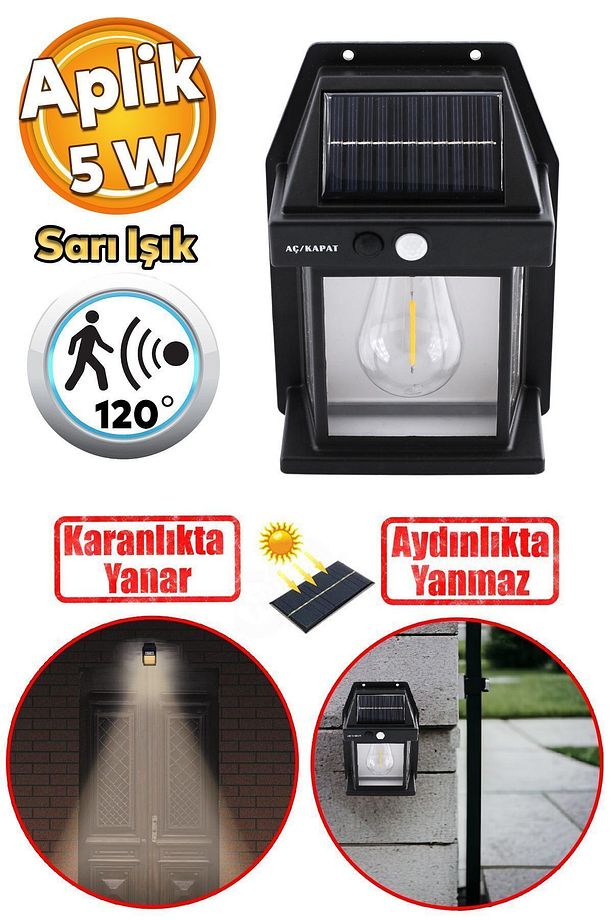 Sensörlü Bahçe Duvar Dış Mekan Aydınlatma Apliği Aplik Güneş Enerjili 2 Modlu Sarı Işıklı 5 W Fener - 1