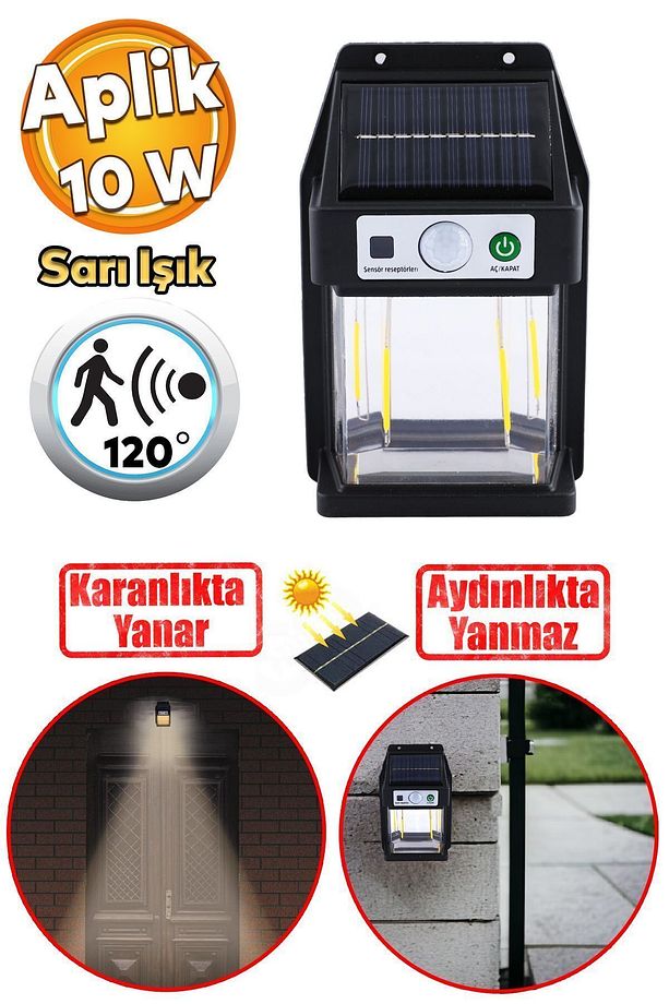 Sensörlü Bahçe Duvar Dış Mekan Aydınlatma Apliği Aplik Güneş Enerjili 3 Modlu Sarı Işıklı 10 W Fener - 1