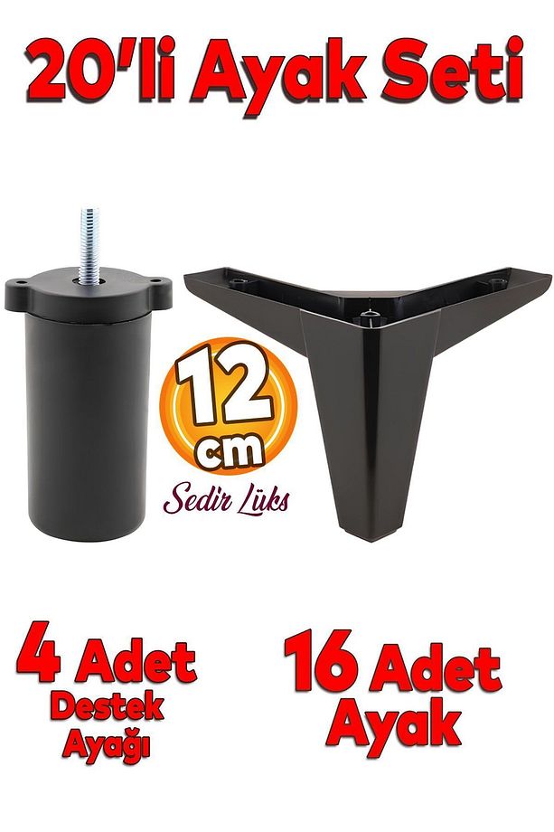 20'li Set Sedir Lüks Mobilya Kanepe Koltuk TV Ünitesi Yükseltici Destek Ayağı Ayakları 12 cm Siyah - 1