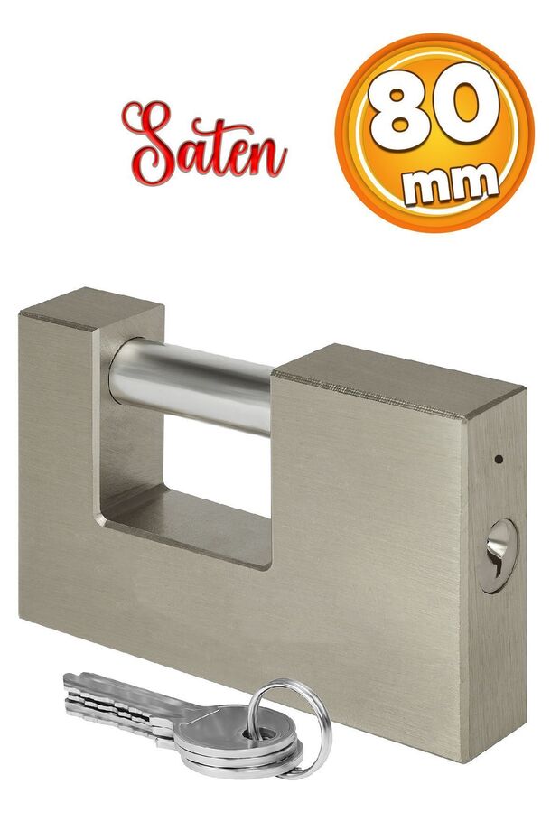 Kepenk İşyeri Kapısı Kilidi Yassı Kayar Milli Saten Asma Kilit Kapı Emniyet 80 mm 3 Anahtarlı Metal - 1
