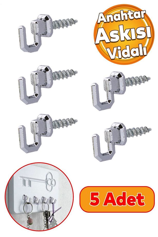 Çengelli Duvar Dolap Çekmece Kapı Metal Anahtar Askı Anahtarlık Askısı Vidalı (5 ADET) - 1