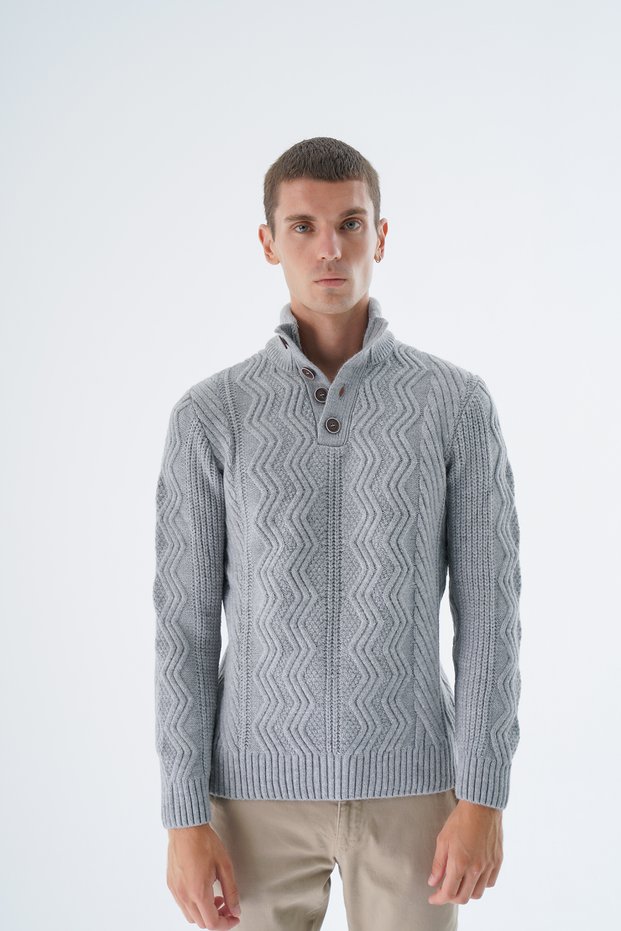 Men's Gray Half Fisherman Buttoned Hair Braided Wool Knitwear Knitted Sweater Trist-5334