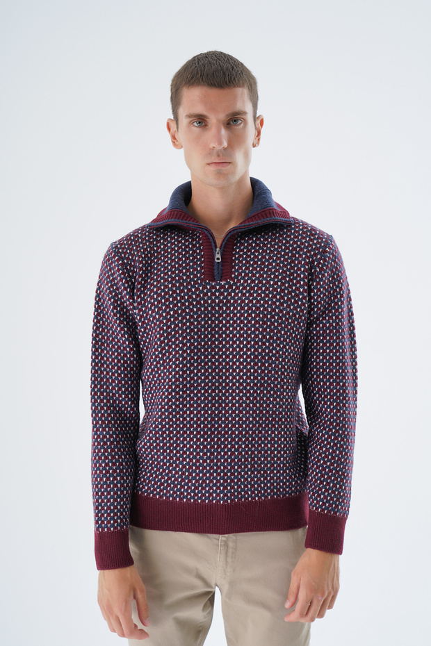 Men's Burgundy Truck Collar Jacquard Tricolor Zippered Wool Knitwear Knitted Sweater Trist-5340