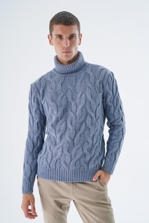 Men's Aviator Turtleneck Brass Hair Braided Wool Knitwear Knitted Sweater Trist-5337