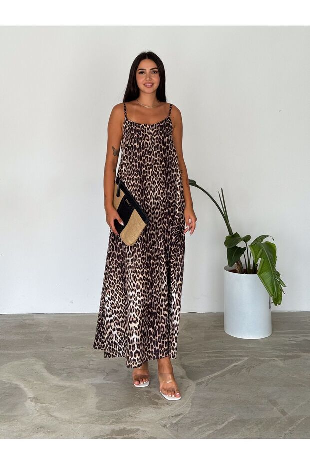 فستان من قماش البوبلين القطني بنقشة الفهد - حزام قابل للتعديل - 4