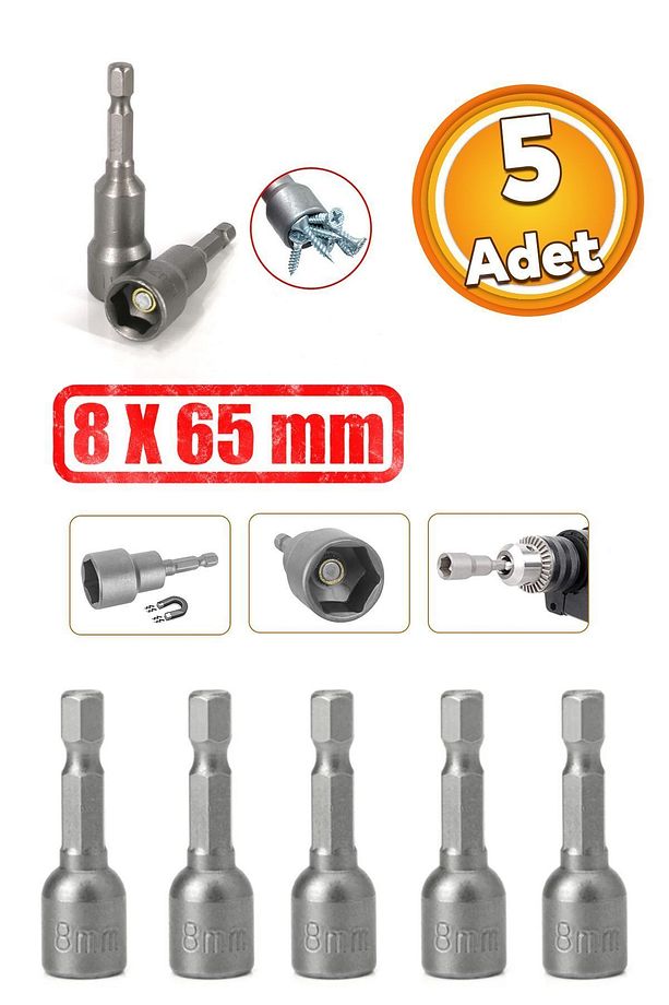 Manyetik Somun Civata Sıkma Adaptörü Çap 8 mm M8 Trapez Çatı Vidası Sıkma 8x65 mm Mıknatıslı 5 Adet - 1