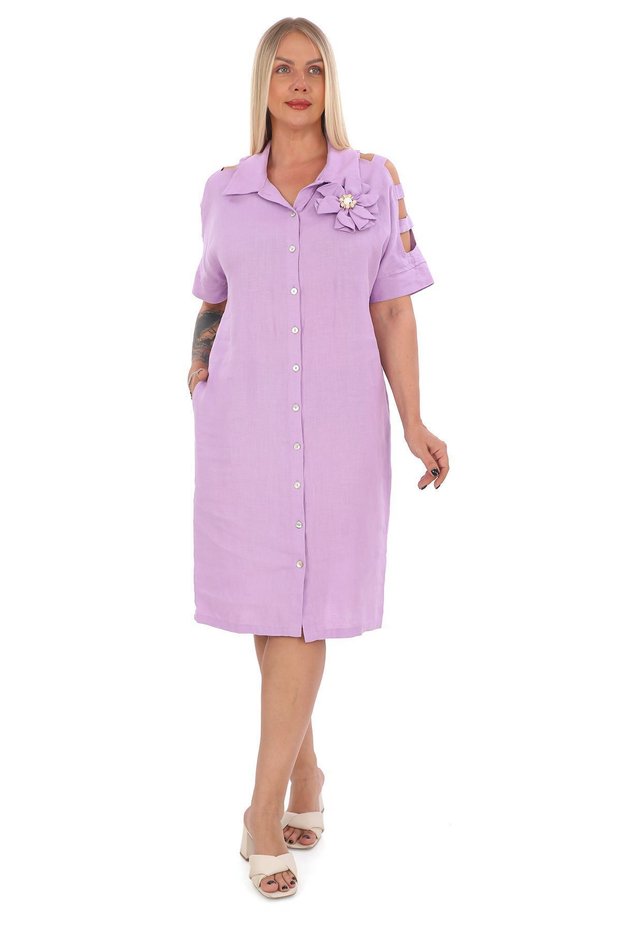 Women's Plus Size Shirt Collar 100% Linen Dress Lilac