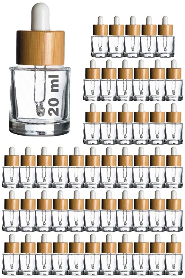 20 ml Transparent Serum Bottle - Bamboo Lid, Wooden Dropper Glass 50 Pieces