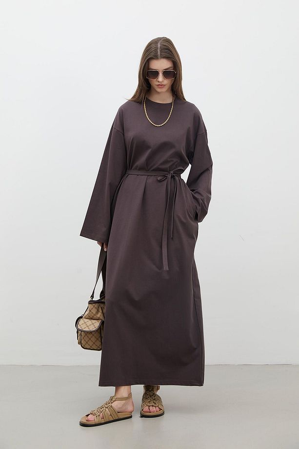 OVERSIZE PAMUKLU ELBİSE ACI KAHVE - 3