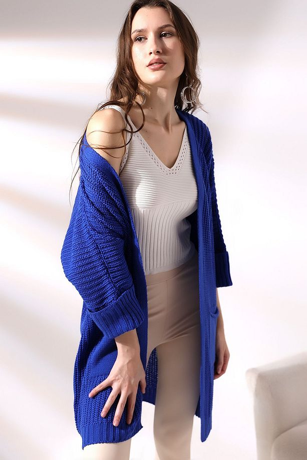 Kadın Mavi Oversize Model Uzun Cepli Triko Hırka - 3