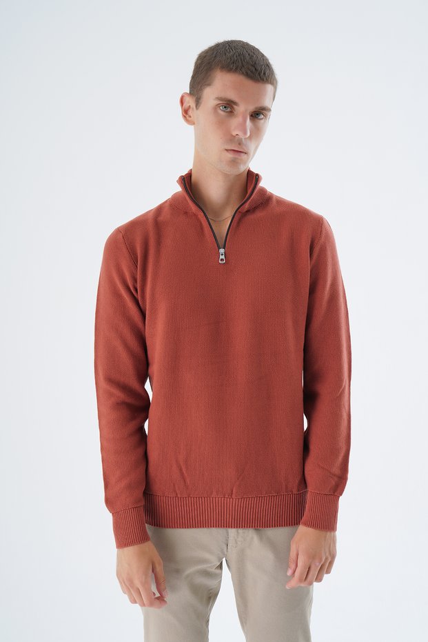 Tan Men's 100% Cotton Zippered Stand Collar Knitwear Sweater Trist-1191