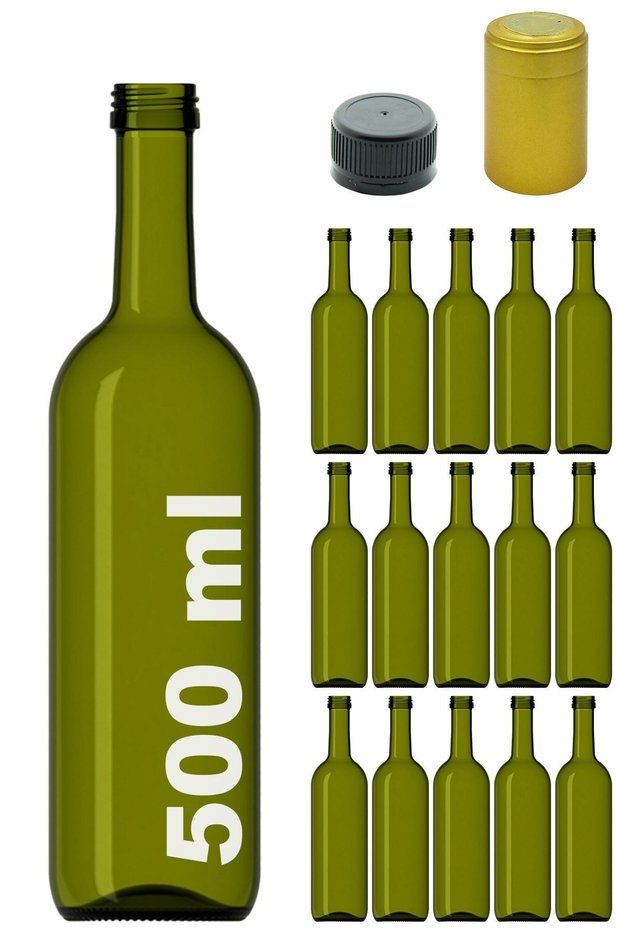 500 ml Green Olive Oil, Round Empty Glass Bottle with Locking Cap and Hooded , 15 Pieces