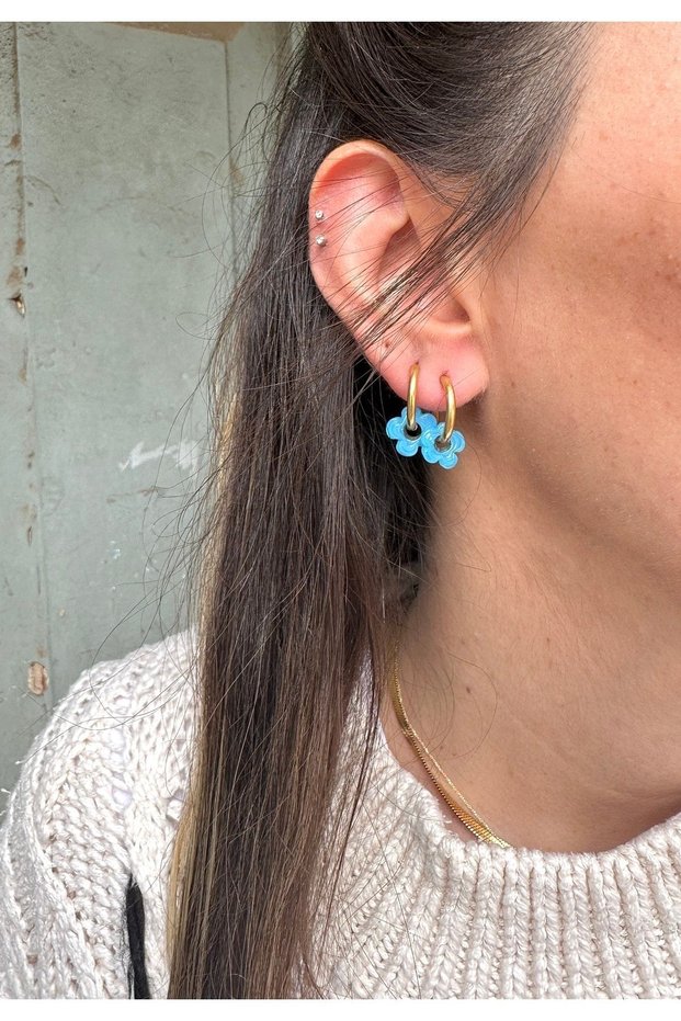 Steel Hoop Blue Glass Flower Earrings