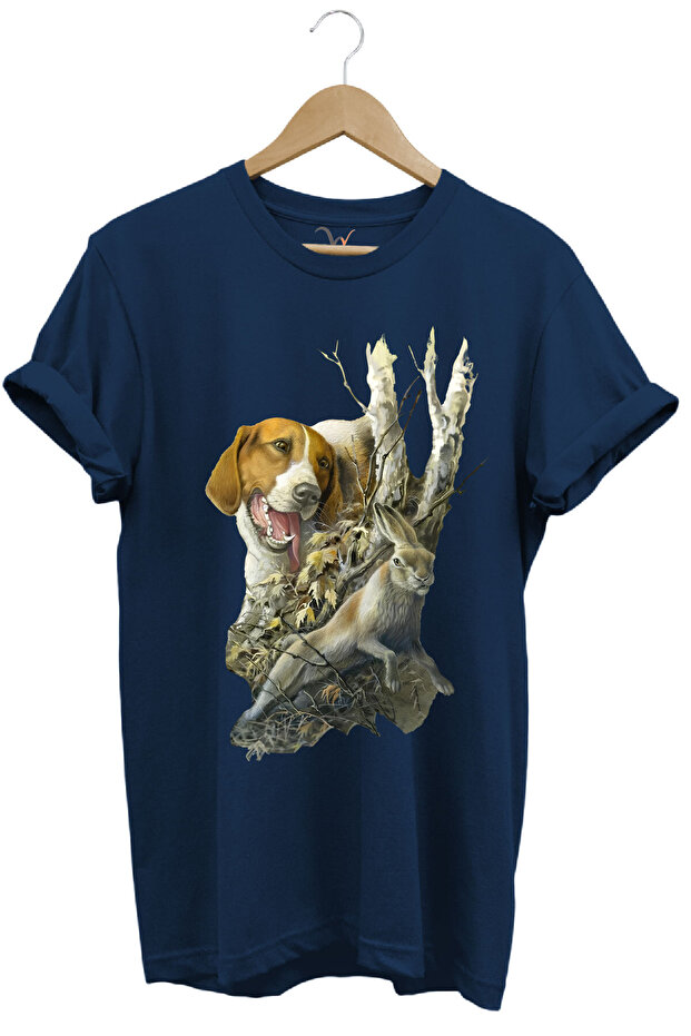 Hunting Hunting Dog and Rabbit Printed Forest Themed 100% Cotton Regular Fit Navy Blue T-Shirt