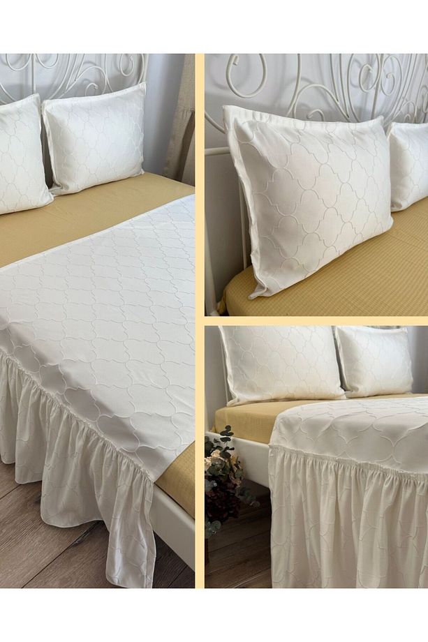 3 Parça Yatak Runner Set Ekru Saten Yatak Örtüsü Çift Kişilik - 7