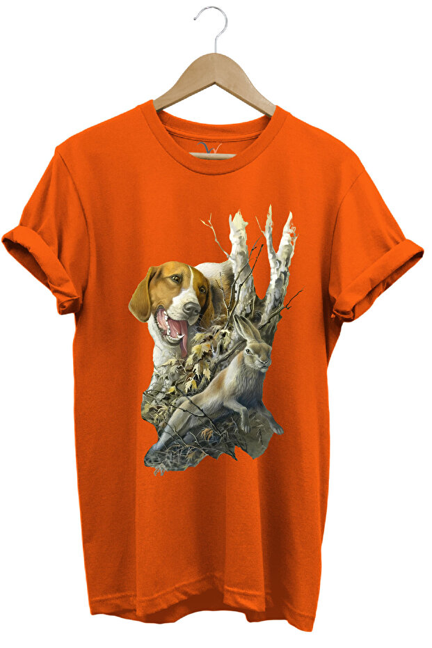 Hunting Hunting Dog and Rabbit Printed Forest Themed 100% Cotton Regular Fit Orange T-Shirt