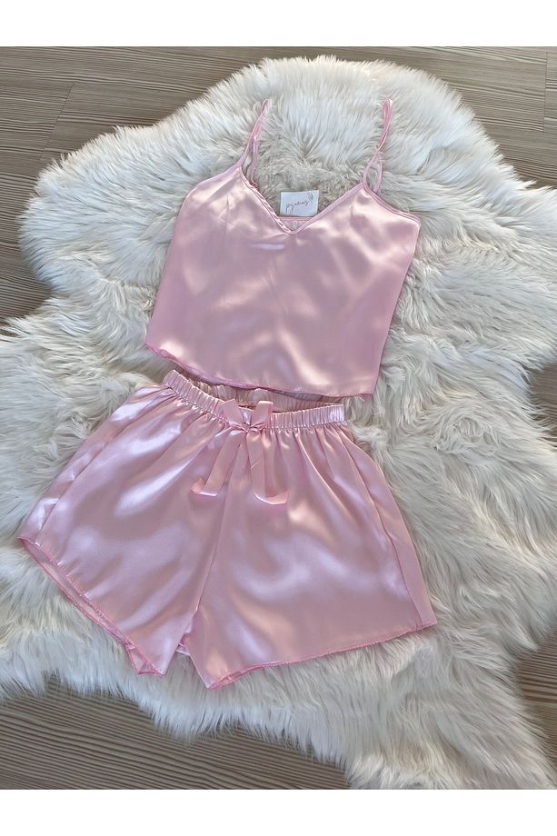 Toz Pembe Saten İp Askılı Dokuma Şortlu Pijama Takımı - 5