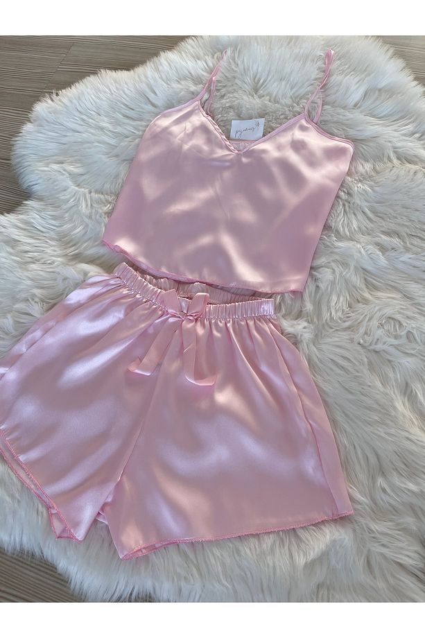 Toz Pembe Saten İp Askılı Dokuma Şortlu Pijama Takımı - 4