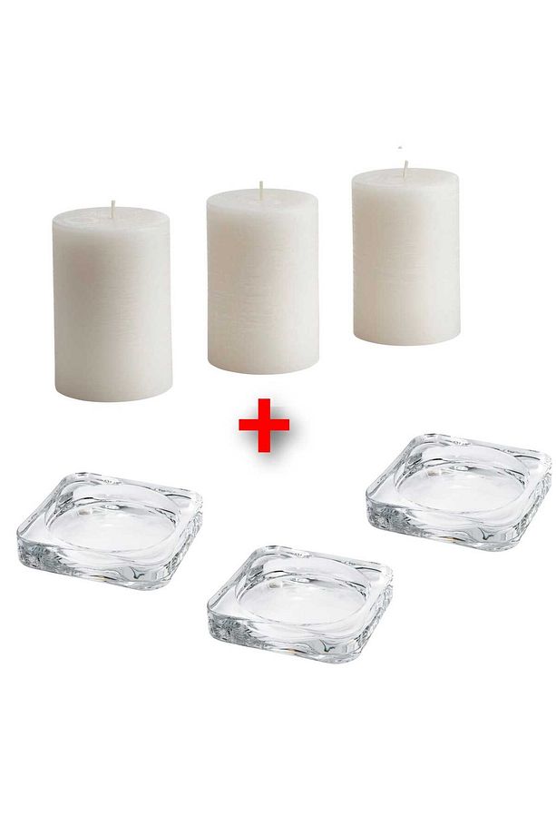 3 Adet Blok Mum Kokulu Yükseklik 10 cm + 3 Adet Cam Mum Tabağı 10x10 Cm İkea Dekoratif Mum Seti - 1