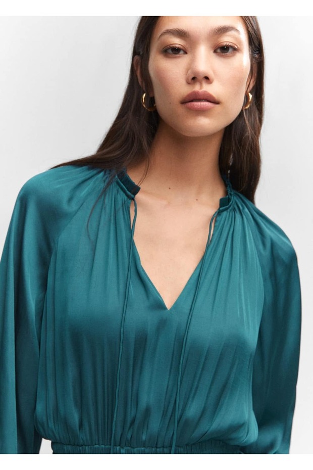 Balon kollu saten elbise - 6