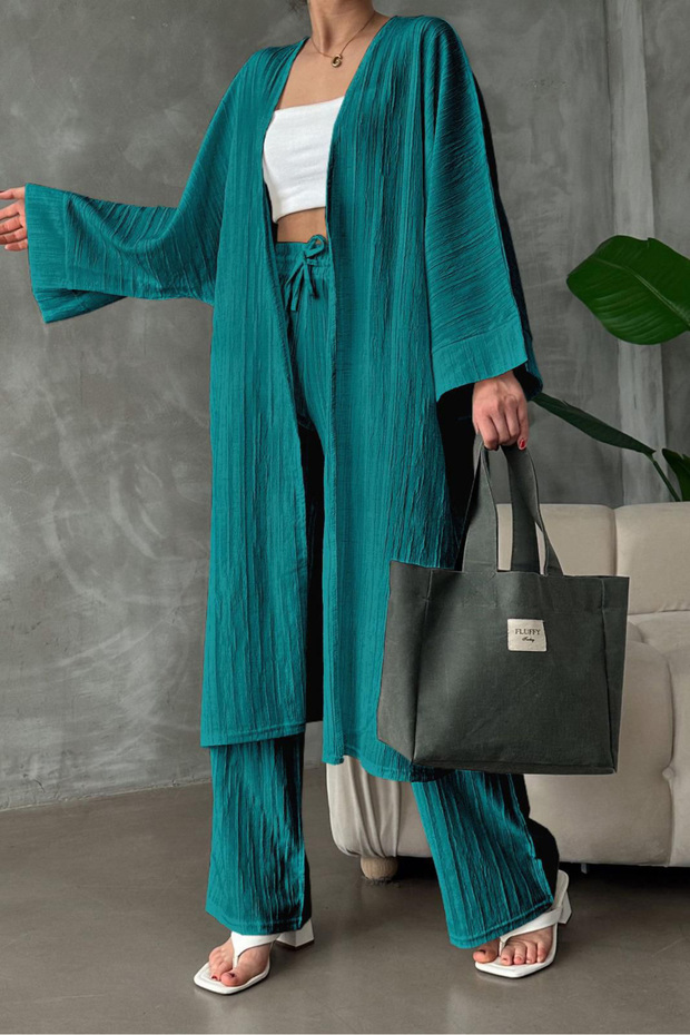 Long Women's Kimono Set - Linen Crinkle Fabric