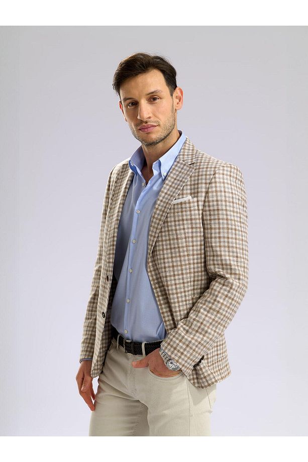 Bej Kareli Carlo Barbera Regular Fit Yün İpek Pamuk Ceket - 7