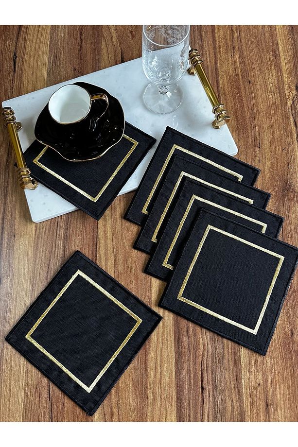 6 Adet Gardenya kumaş üzerine gold nakışlı kare kokteyl sunum peçetesi - 1