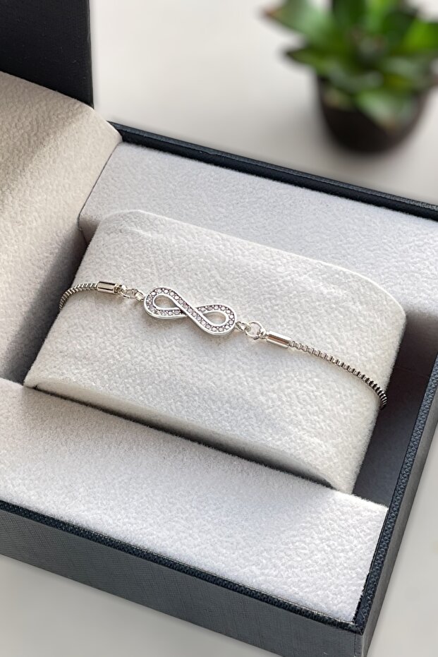 Silver Color Adjustable Zircon Stone Infinity Detail Women's Bracelet with Lift-Up Feature