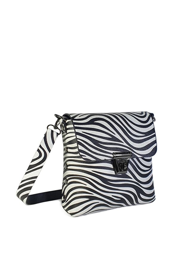 Women's Black and White Zebra Patterned Buckle Hand and Shoulder Bag Gc0103Zebra