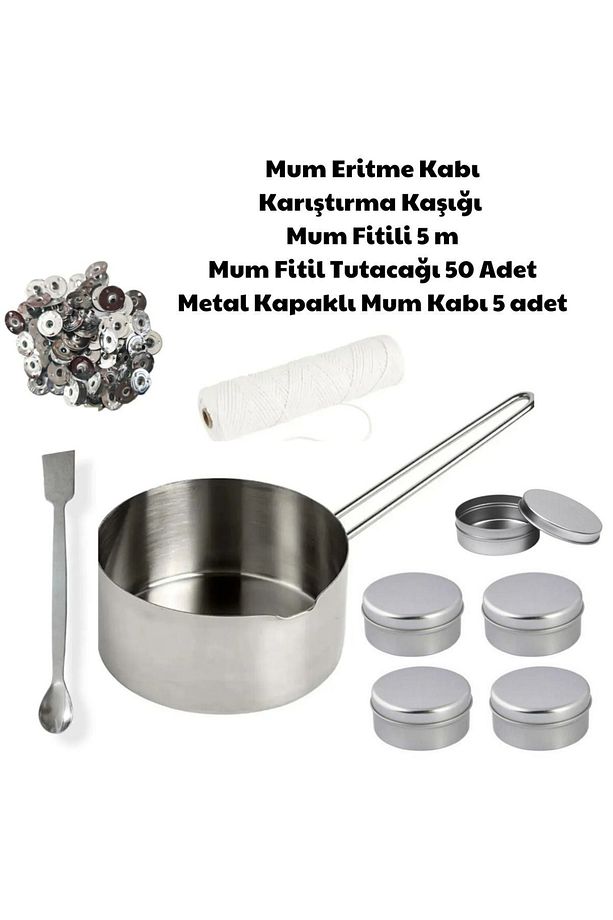 Mum Yapım Seti Mum Eritme Kabı 750 Ml Parafin Karıştırma Kaşığı Mum Fitili Tutacağı Mum Kabı Gümüş - 1