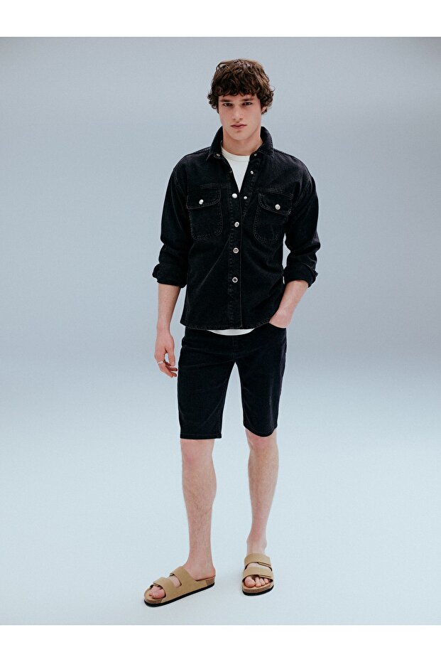 Ekstra Slim Fit Erkek Jean Şort - 1