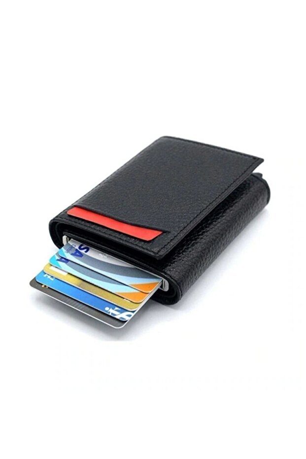 Black Leather Smart Wallet Card Holder with Aluminum Mechanism