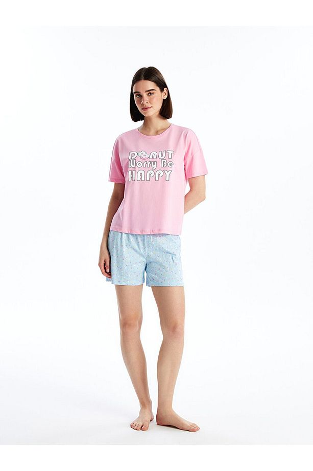 LCW Bisiklet Yaka Baskılı Kısa Kollu Kadın Şortlu Pijama Takımı - 3