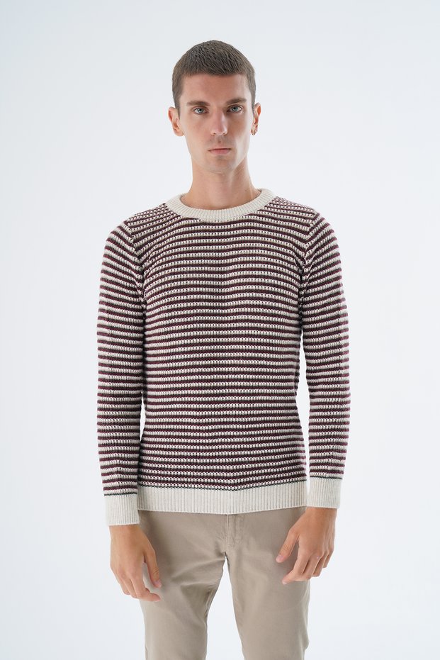 Men's Beige Crew Neck Brass Thessaloniki Nopen Striped 4-Color Wool Knitwear Knitted Sweater