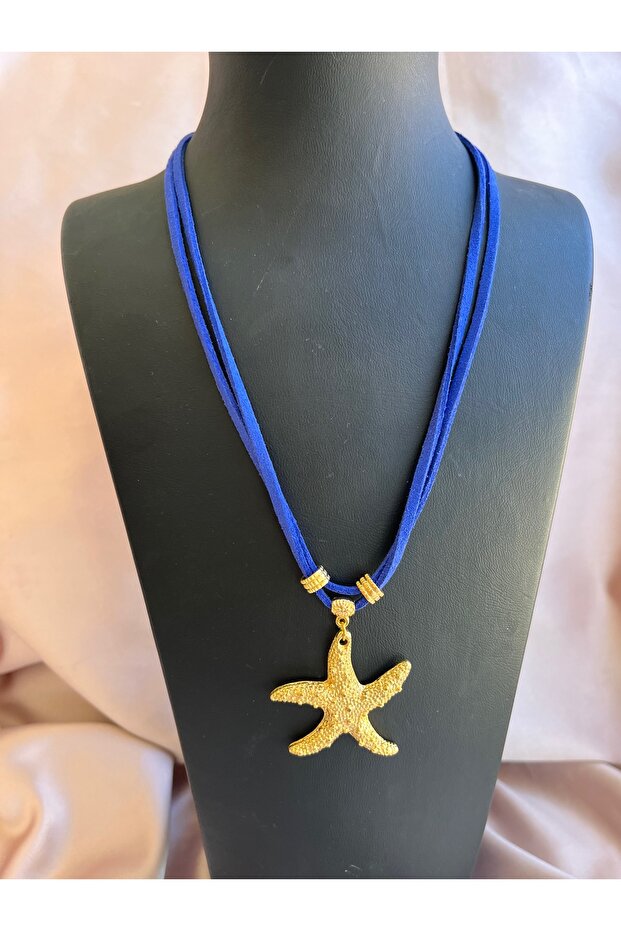 Sax Blue Suede Leather Custom Design Necklace with Multiple Gold Plated Sea Star Figures