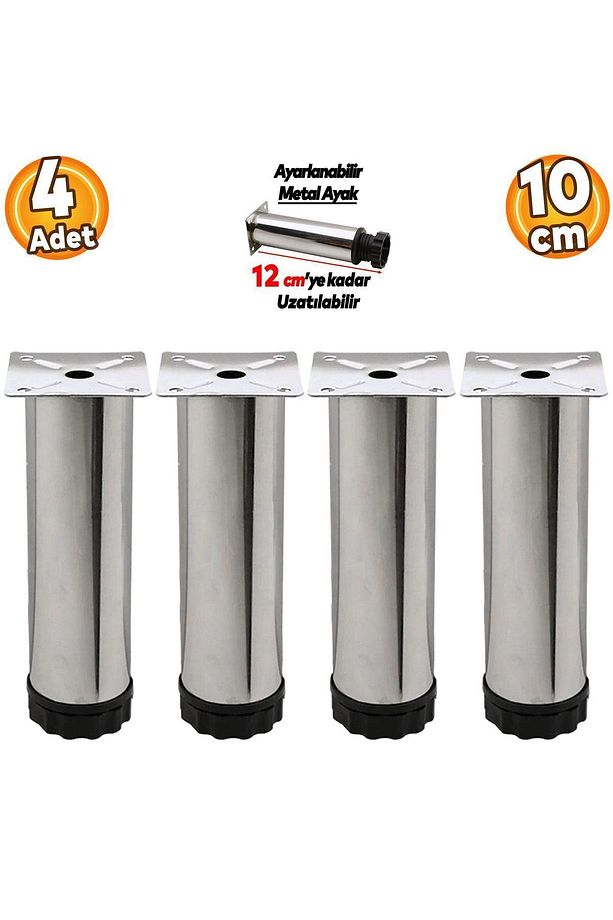 Dolap Ayarlanabilir Mobilya Kanepe Baza Koltuk Metal Destek Yükseltici Ayağı 10 Cm Krom (4 ADET) - 1