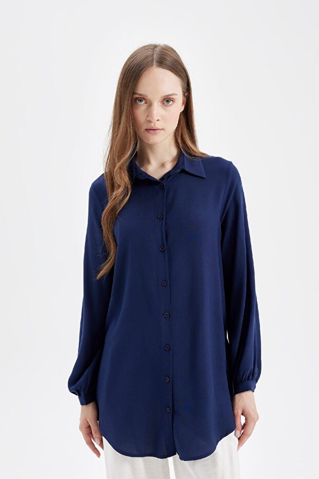 Regular Fit Shirt Collar Basic Plain Viscose Long Sleeve Shirt Tunic D2613Ax24Au
