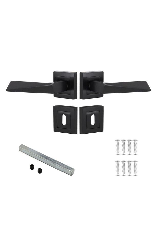 Penta Mat Siyah Kare Rozetli Kapı Kolu Oda ( 1 Takım=2 Adet Kapı Kolu + 2 Adet Alt Rozet ) - 1
