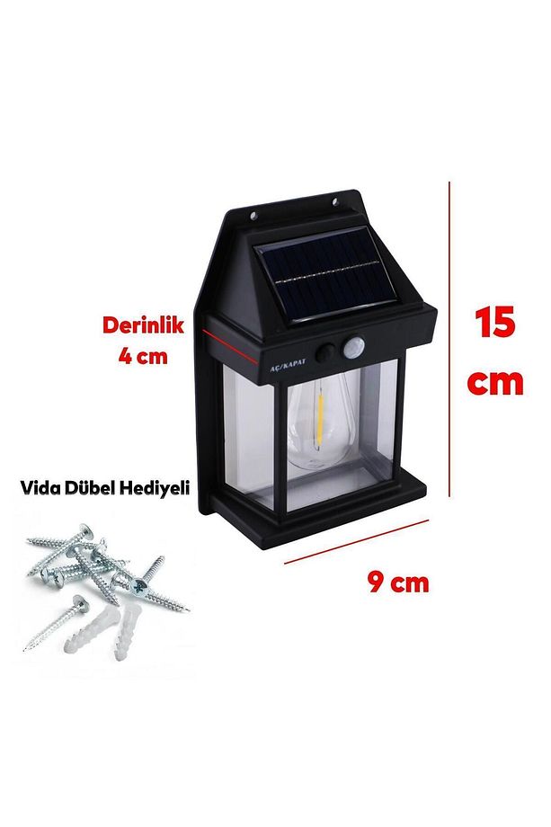 Sensörlü Bahçe Duvar Dış Mekan Aydınlatma Apliği Aplik Güneş Enerjili 2 Modlu Sarı Işıklı 5 W Fener - 4