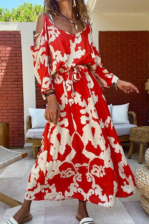 Women's Red Elastic Waist Belted Off-Shoulder Long Dress Bst-3628Red