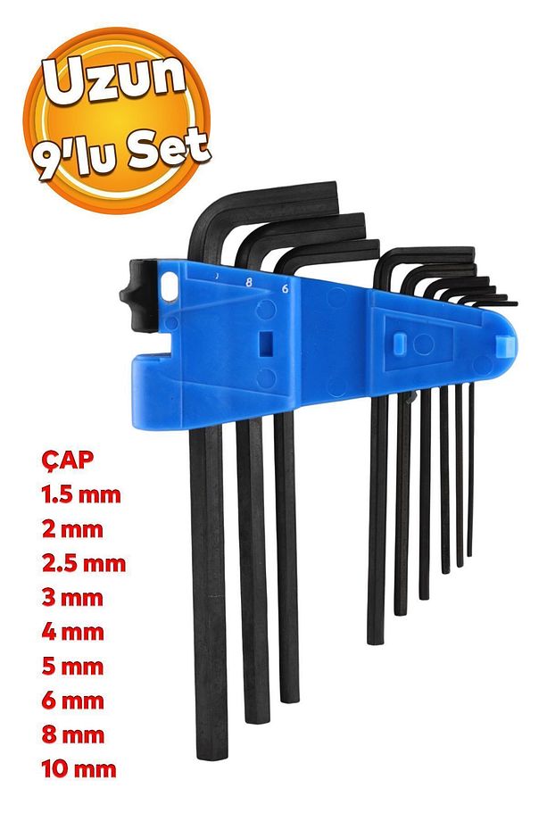 Altıgen Vida Sıkma Sökme Metal Allen Alyan Siyah Anahtar Uzun 9'lu Set 1.5 2 2.5 3 4 5 6 8 10 Mm - 1