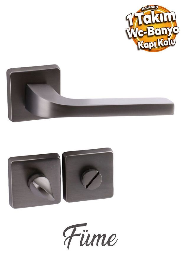 (1 TAKIM) Tog Mat Füme Wc Banyo Uyumlu Kapı Kolu Kare Rozetli Kulpu Sağa Sola Uygun Kapı Kolları - 1