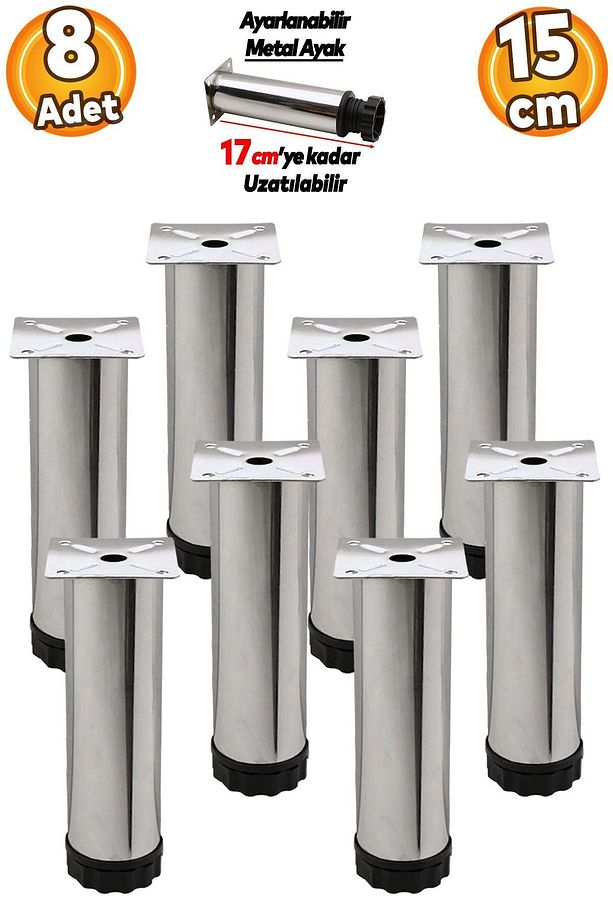 Ayarlanabilir Mobilya Kanepe Baza Koltuk Metal Destek Yükseltici Ayağı 15 cm Krom Ayakları (8 ADET) - 1