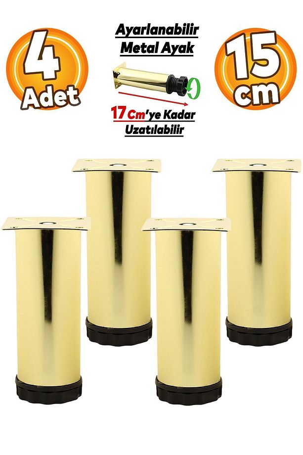 Ayarlanabilir Mobilya Kanepe Baza Koltuk Metal Destek Yükseltici Ayağı 15 cm Gold Ayakları 4 Adet - 1