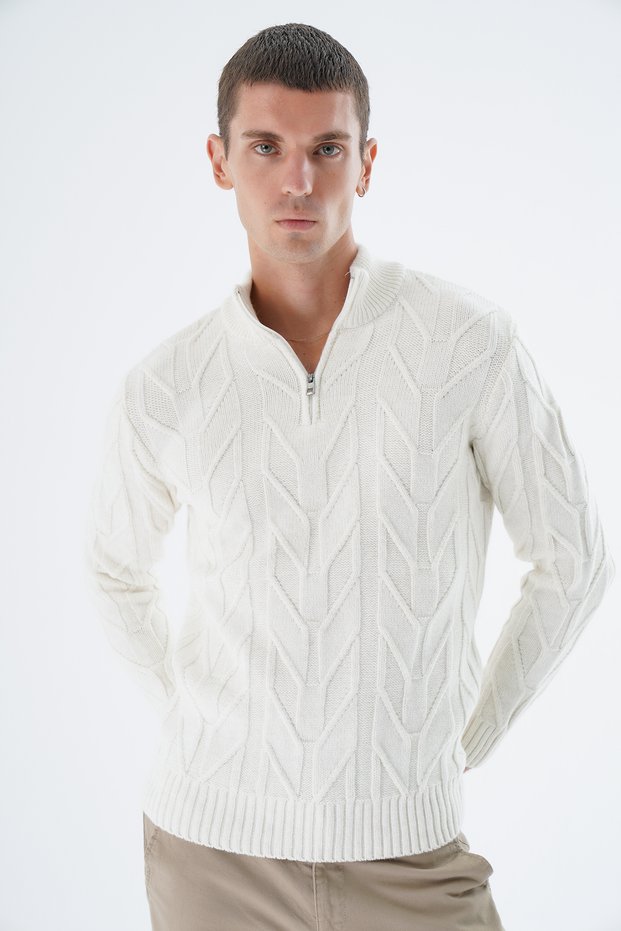 Men's Bone Color Stand Collar Short Zipper Knitted Wool Knitwear Knitted Sweater Trist-5344