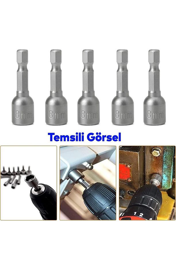 Manyetik Somun Civata Sıkma Adaptörü Çap 8 mm M8 Trapez Çatı Vidası Sıkma 8x65 mm Mıknatıslı 5 Adet - 5
