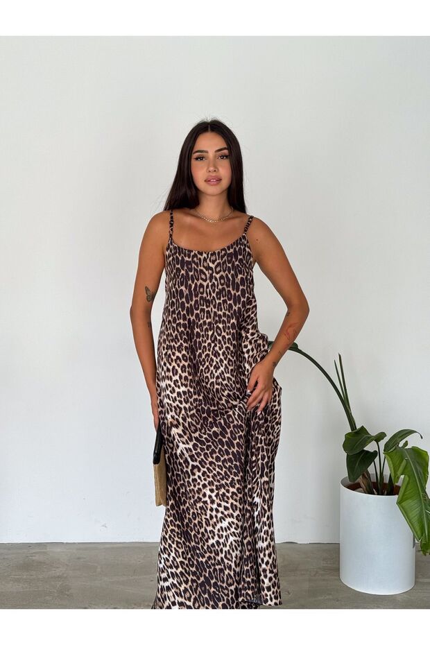 فستان من قماش البوبلين القطني بنقشة الفهد - حزام قابل للتعديل - 3