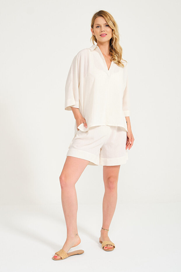 Cream Linen Blouse and Shorts Women's Top Bottom Set